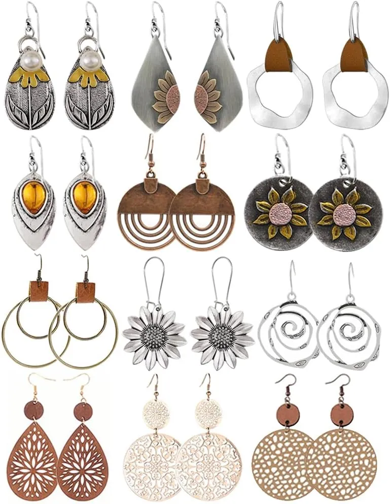 Coolkin 12 Pairs Boho Vintage Geometric Round Earrings Wooden Leather Earrings Ethnic Style Vintage Sunflower Earrings Christmas Earrings for Women and Girls, Silver