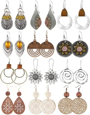 Coolkin 12 Pairs Boho Vintage Geometric Round Earrings Wooden Leather Earrings Ethnic Style Vintage Sunflower Earrings Christmas Earrings for Women and Girls, Silver
