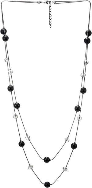 COOLSTEELANDBEYOND Gold Red Statement Necklace Two-Strand Long Chains with Red Crystal Beads Charms, Fashionable, Dress