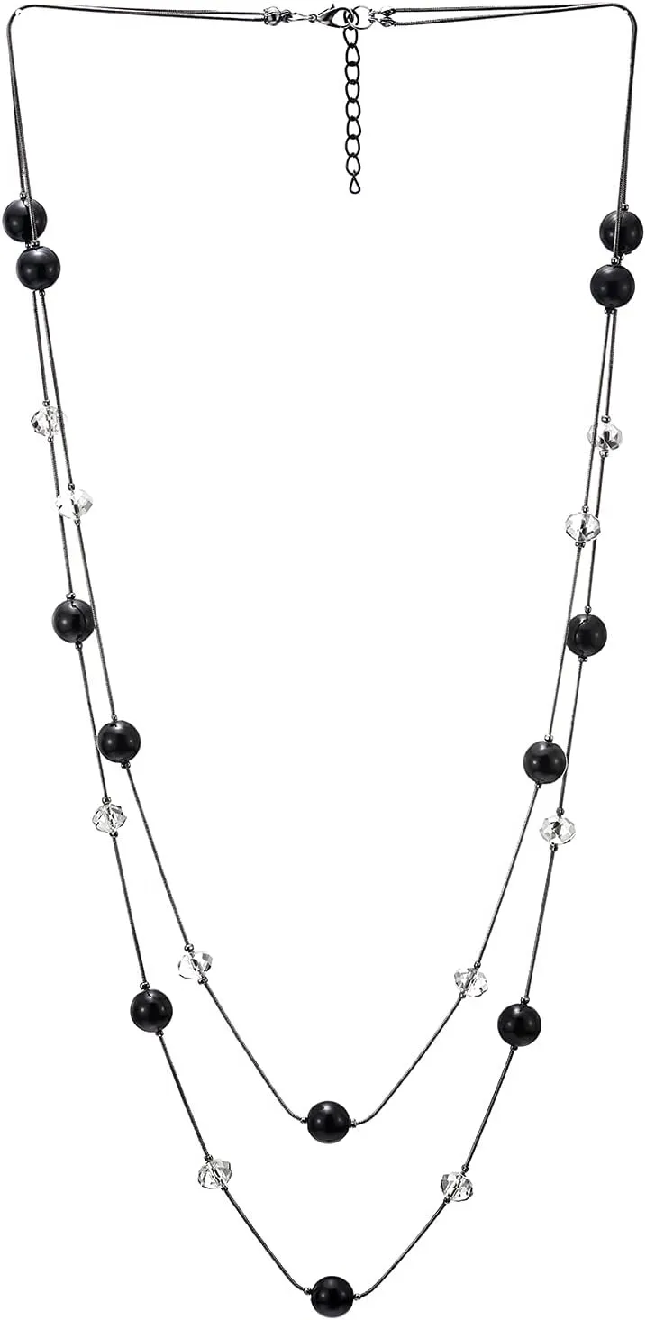 COOLSTEELANDBEYOND Gold Red Statement Necklace Two-Strand Long Chains with Red Crystal Beads Charms, Fashionable, Dress