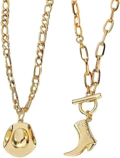 Cowboy Boots Hat Pearl Necklace Layer Western Jewelry for Women Cowgirl Charms Chain Necklace Gifts