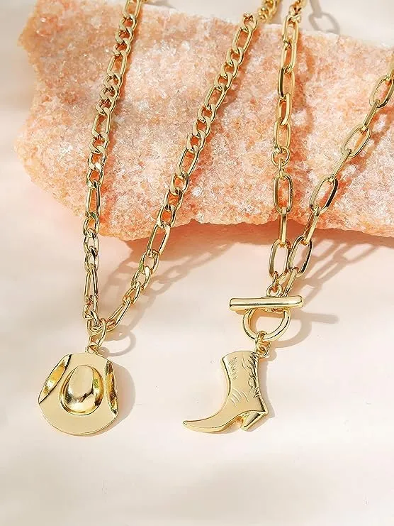 Cowboy Boots Hat Pearl Necklace Layer Western Jewelry for Women Cowgirl Charms Chain Necklace Gifts