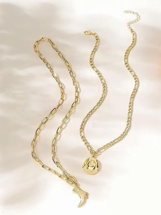 Cowboy Boots Hat Pearl Necklace Layer Western Jewelry for Women Cowgirl Charms Chain Necklace Gifts