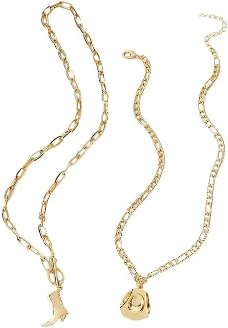 Cowboy Boots Hat Pearl Necklace Layer Western Jewelry for Women Cowgirl Charms Chain Necklace Gifts