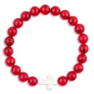 Cross Bracelet- Gemstone Bracelet with Turquoise Beads and Cross Pendant, Turquoise Bracelet, Baptism Communion Natural Stone Bracelets (Red Turquoise)