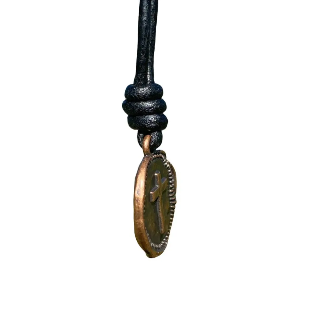 Cross Leather Necklace Mens - Men Cross Coin, Religious Pendant, Medallion Necklaces, Christmas Gift, Catholic Pendant, Christian Charms, Women Gifts to Husband Cute Crosses Best Friend (Copper)