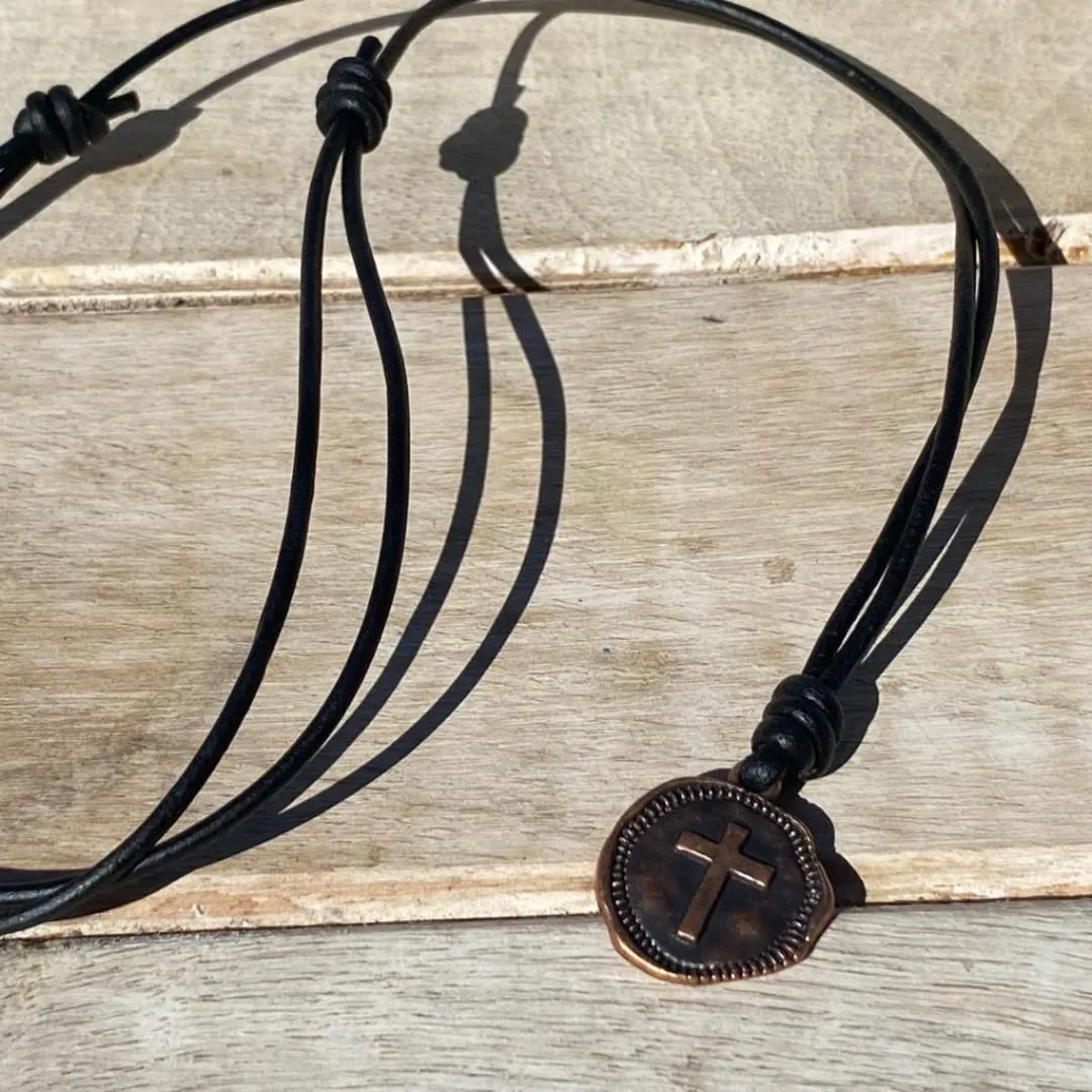 Cross Leather Necklace Mens - Men Cross Coin, Religious Pendant, Medallion Necklaces, Christmas Gift, Catholic Pendant, Christian Charms, Women Gifts to Husband Cute Crosses Best Friend (Copper)