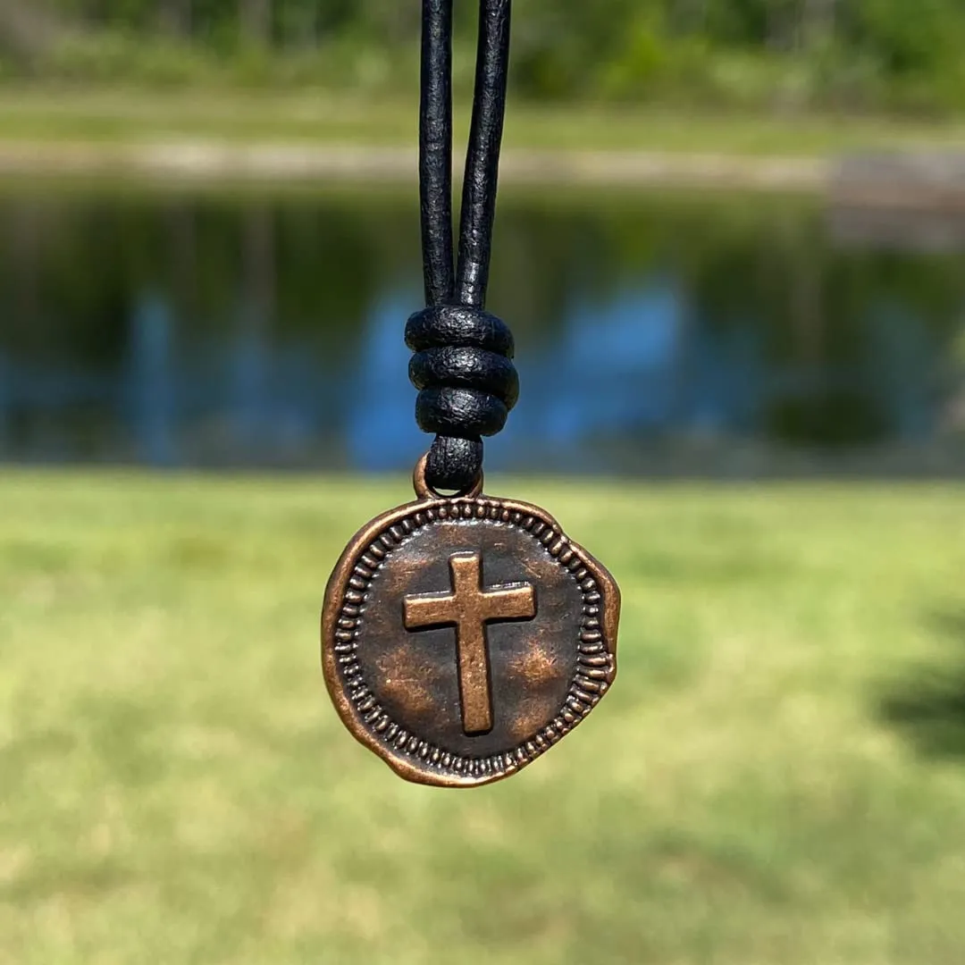 Cross Leather Necklace Mens - Men Cross Coin, Religious Pendant, Medallion Necklaces, Christmas Gift, Catholic Pendant, Christian Charms, Women Gifts to Husband Cute Crosses Best Friend (Copper)