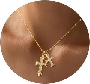Cross Necklace 14K Gold/Silver Plated Double Cross Pendant Necklace Dainty Diamond Big Cross Charm Link Chain Choker Delicate Faith Jewelry