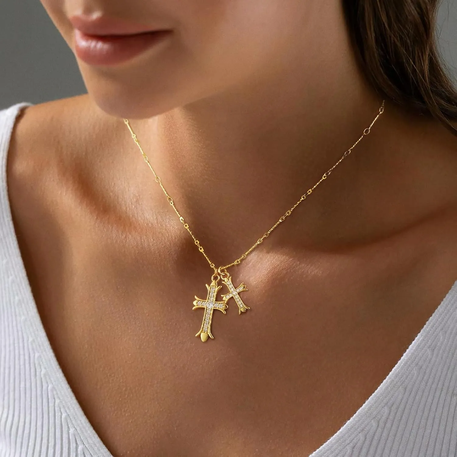 Cross Necklace 14K Gold/Silver Plated Double Cross Pendant Necklace Dainty Diamond Big Cross Charm Link Chain Choker Delicate Faith Jewelry