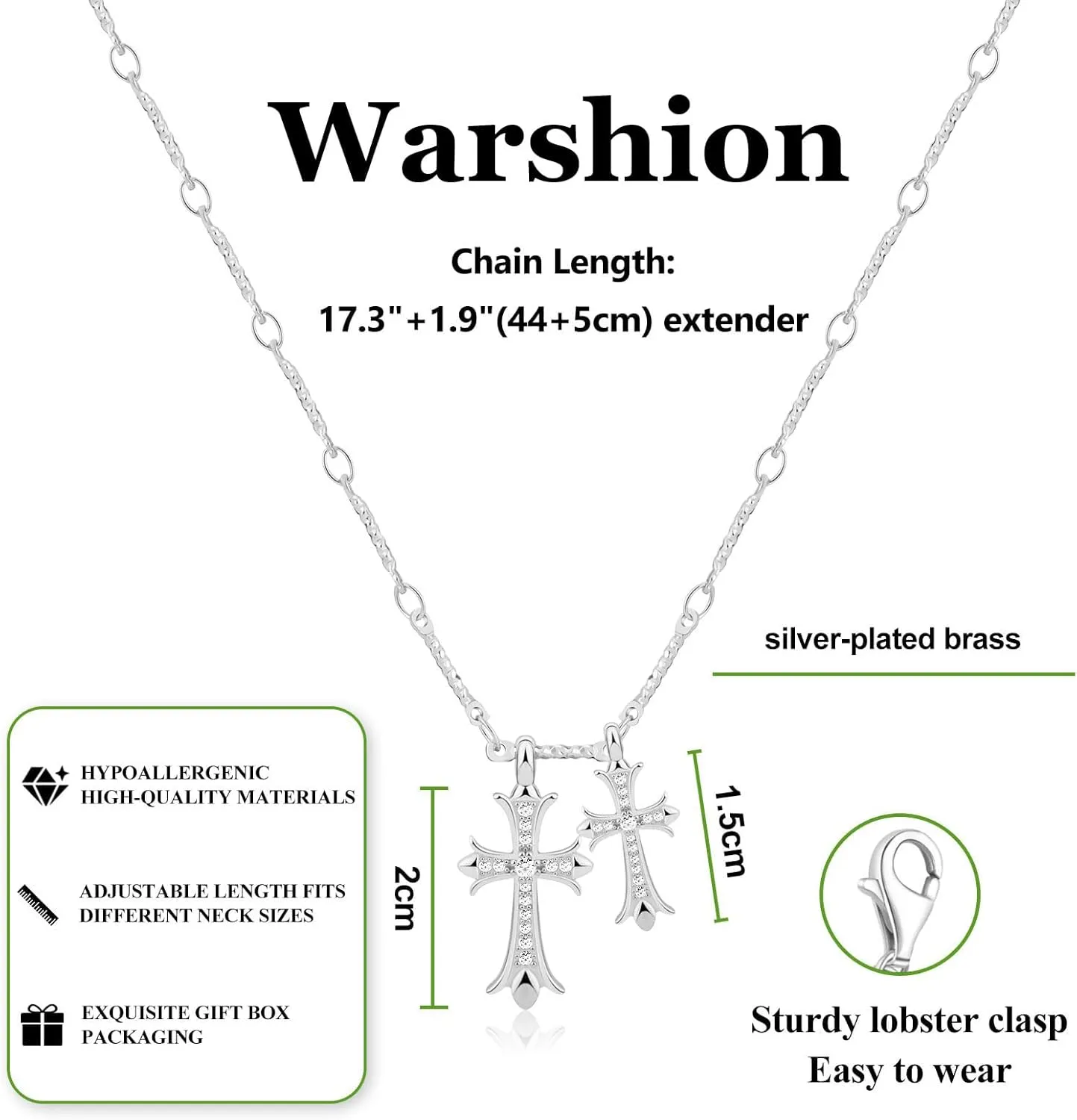 Cross Necklace 14K Gold/Silver Plated Double Cross Pendant Necklace Dainty Diamond Cross Charm Link Chain Choker Delicate Faith Jewelry Religious Gifts for Women