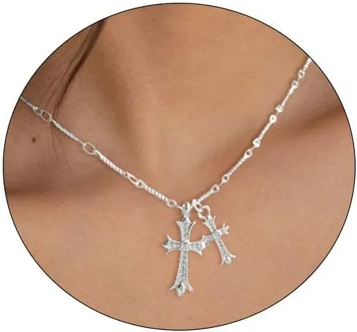 Cross Necklace 14K Gold/Silver Plated Double Cross Pendant Necklace Dainty Diamond Cross Charm Link Chain Choker Delicate Faith Jewelry Religious Gifts for Women