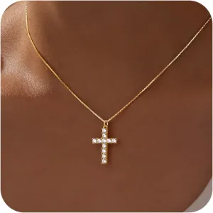 Cross Necklace for Women 14K Gold/Silver Plated Dainty Infinity Long Pendant Charm Necklace Trendy Non Tarnish Waterproof Jewelry Simple Religious Christian Baptism Faith Jewelry Gifts