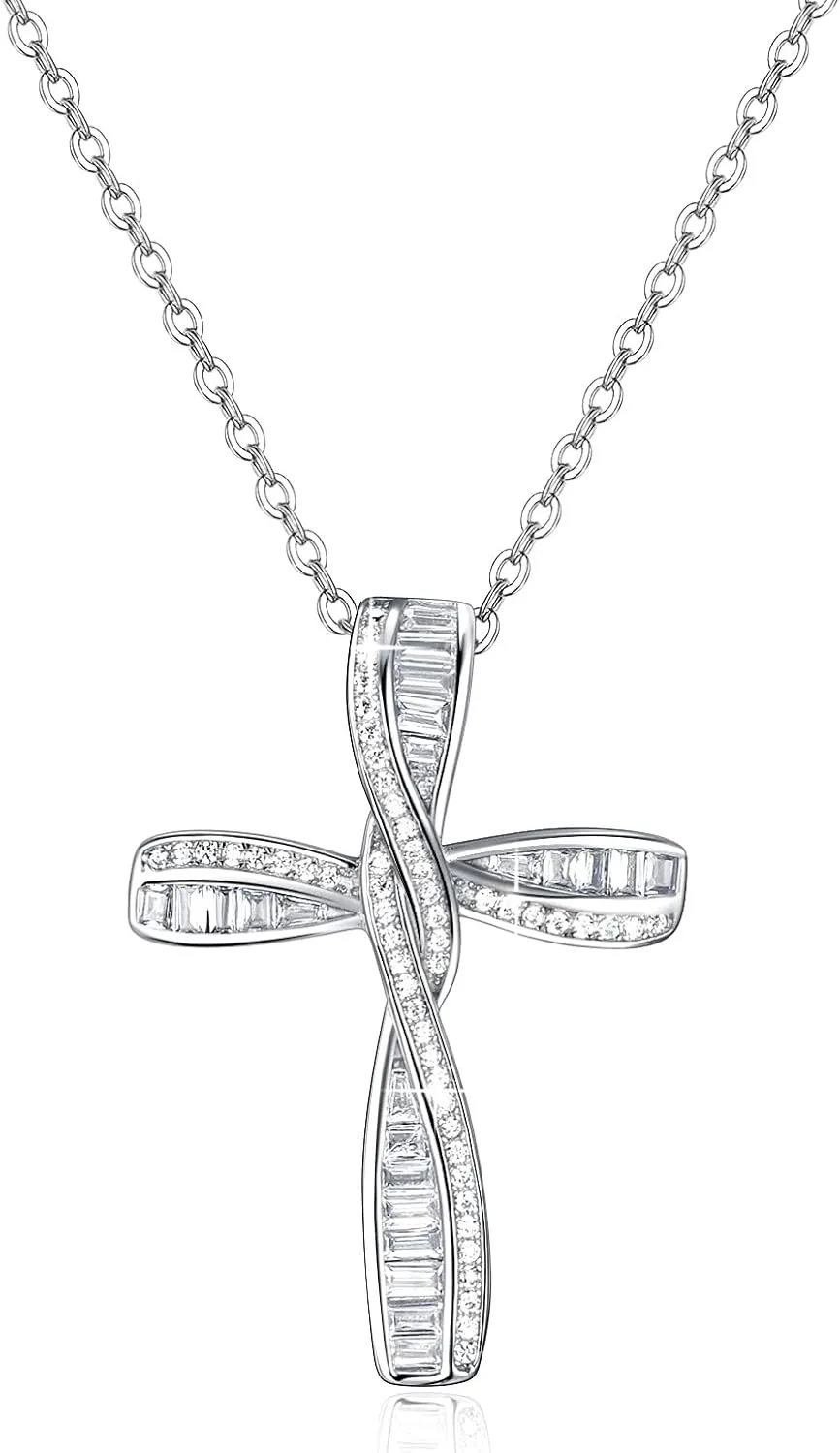 Cross Necklace for Women, 925 Sterling Silver Cross Necklaces, White Gold Cross Pendants,Cubic Zirconia Infinity Loop Cross Pendant Necklace