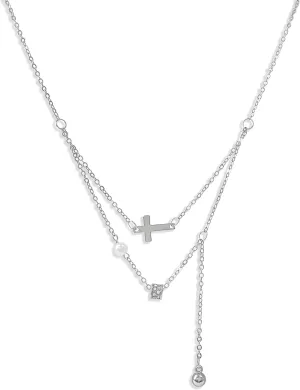 Cross Necklace for Women Irregular Double Layered Y-shaped Chain Y2k Pearl Fashionable Hip-hop Trend Women's