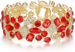 Crysdue Bridal Crystal Stretch Bracelet for Wedding Prom Party, Stunning Rhinestone Marquise Cluster Leaf Jewelry for Women Bridesmaid Red Gold-Tone