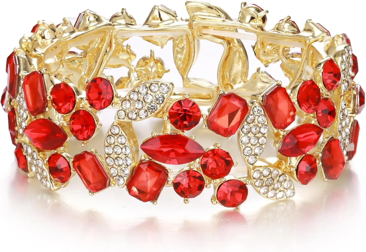 Crysdue Bridal Crystal Stretch Bracelet for Wedding Prom Party, Stunning Rhinestone Marquise Cluster Leaf Jewelry for Women Bridesmaid Red Gold-Tone