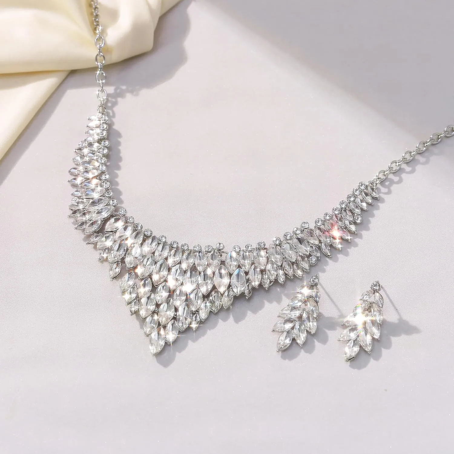 Crysdue Costume Jewelry Set for Women, Stunning Rhinestone Crystal Statement Necklace Chandelier Dangle Earrings for Prom Party