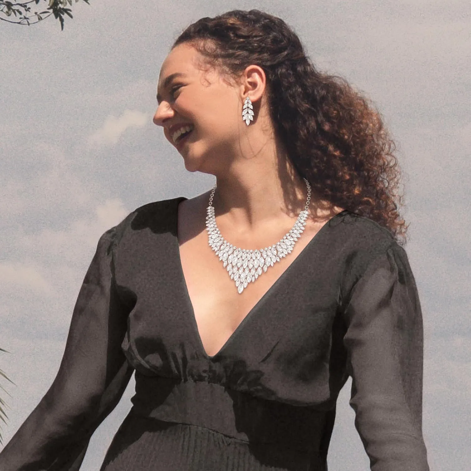 Crysdue Costume Jewelry Set for Women, Stunning Rhinestone Crystal Statement Necklace Chandelier Dangle Earrings for Prom Party