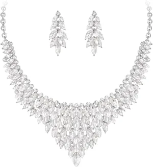 Crysdue Costume Jewelry Set for Women, Stunning Rhinestone Crystal Statement Necklace Chandelier Dangle Earrings for Prom Party