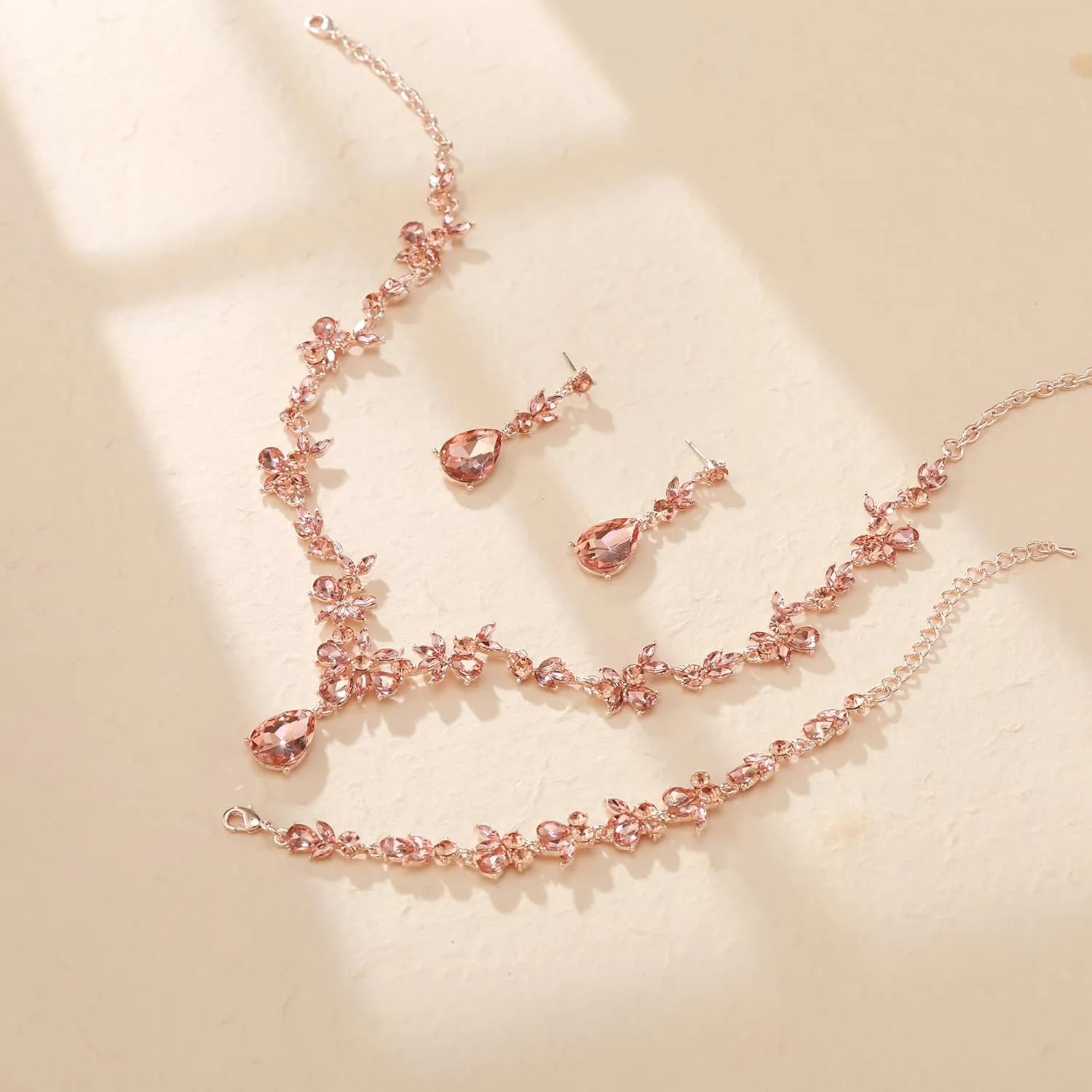Crysdue Wedding Jewelry Set for Women Bride Bridesmaid, Stunning Marquise Rhinestone Crystal Floral Leaf Vine Pendant Necklace Dangle Earrings Bracelet for Prom Party