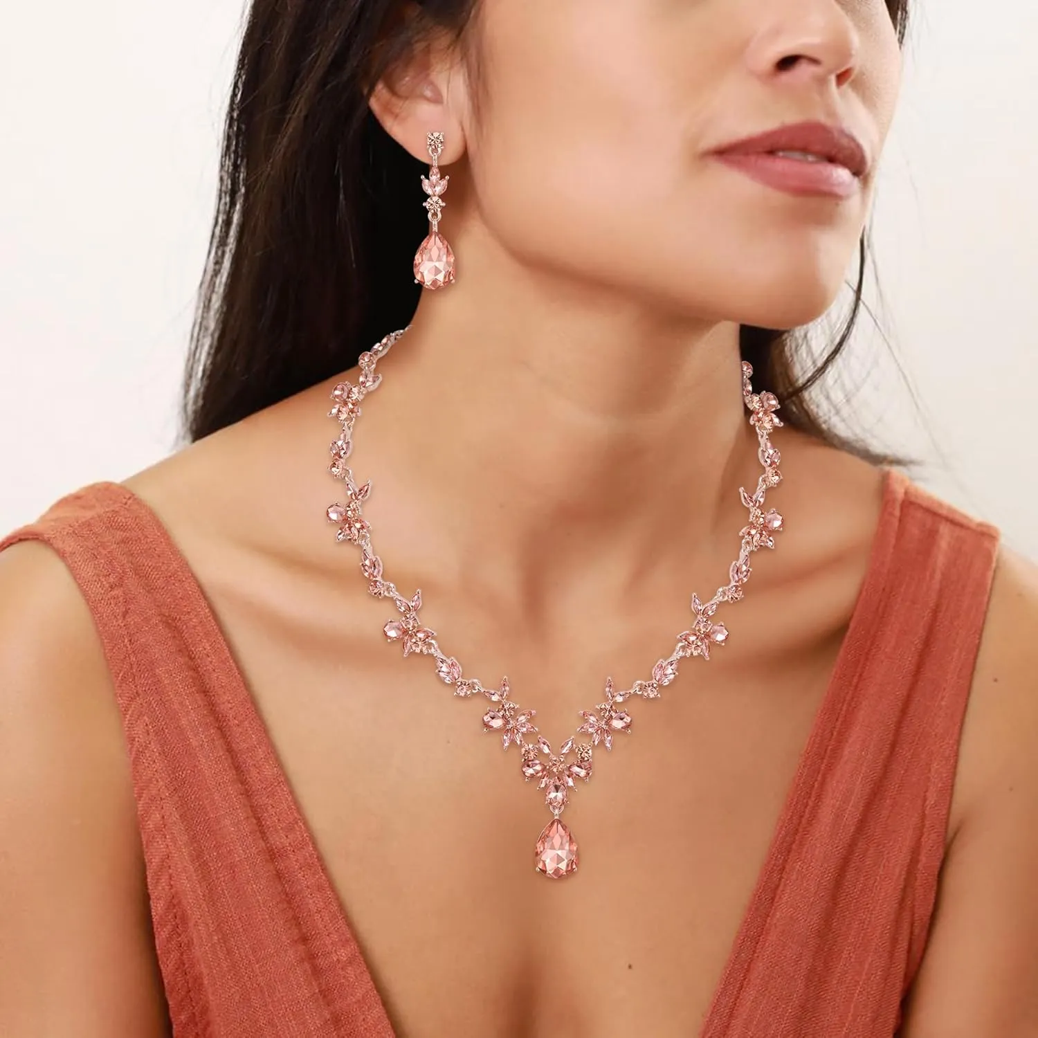 Crysdue Wedding Jewelry Set for Women Bride Bridesmaid, Stunning Marquise Rhinestone Crystal Floral Leaf Vine Pendant Necklace Dangle Earrings Bracelet for Prom Party
