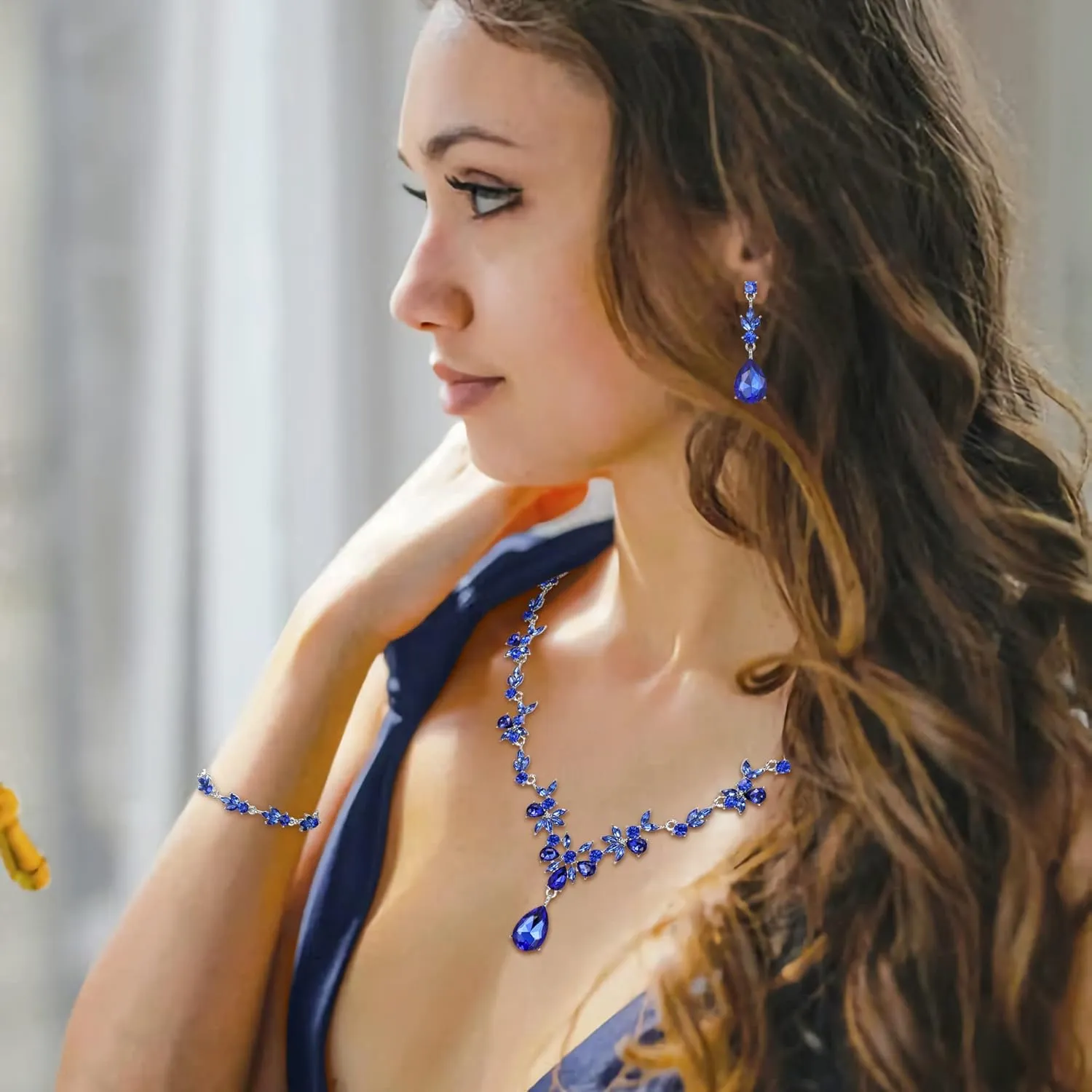 Crysdue Wedding Jewelry Set for Women Bride Bridesmaid, Stunning Marquise Rhinestone Crystal Floral Leaf Vine Pendant Necklace Dangle Earrings Bracelet for Prom Party
