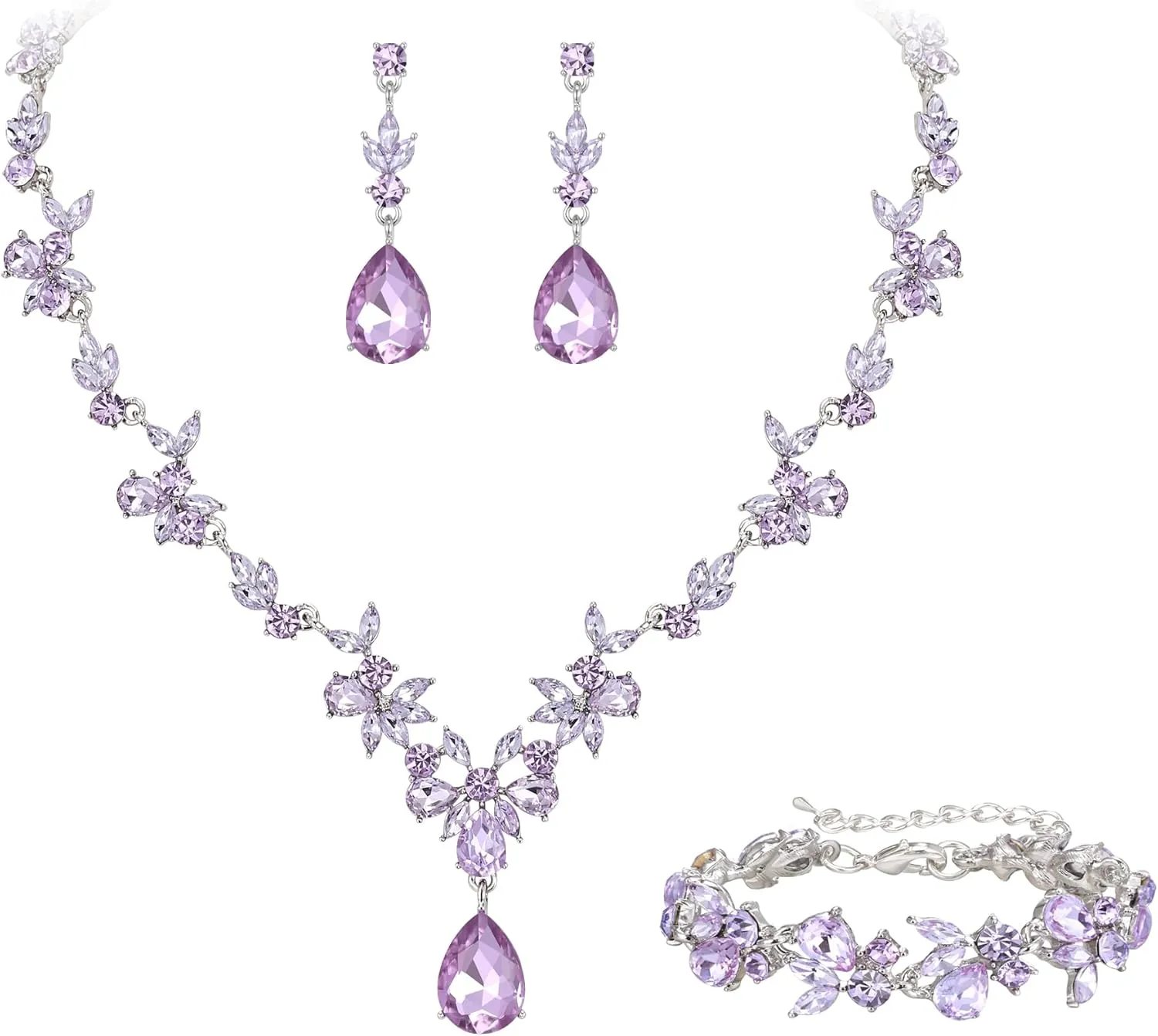 Crysdue Wedding Jewelry Set for Women Bride Bridesmaid, Stunning Marquise Rhinestone Crystal Floral Leaf Vine Pendant Necklace Dangle Earrings Bracelet for Prom Party