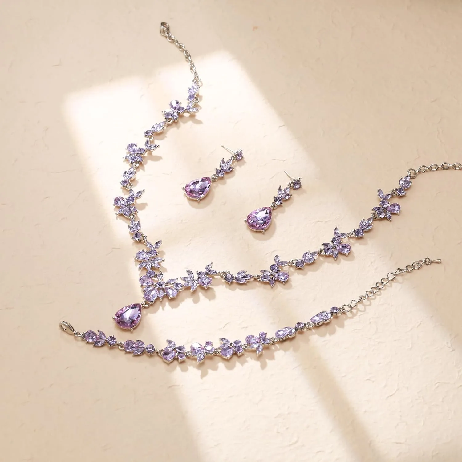 Crysdue Wedding Jewelry Set for Women Bride Bridesmaid, Stunning Marquise Rhinestone Crystal Floral Leaf Vine Pendant Necklace Dangle Earrings Bracelet for Prom Party