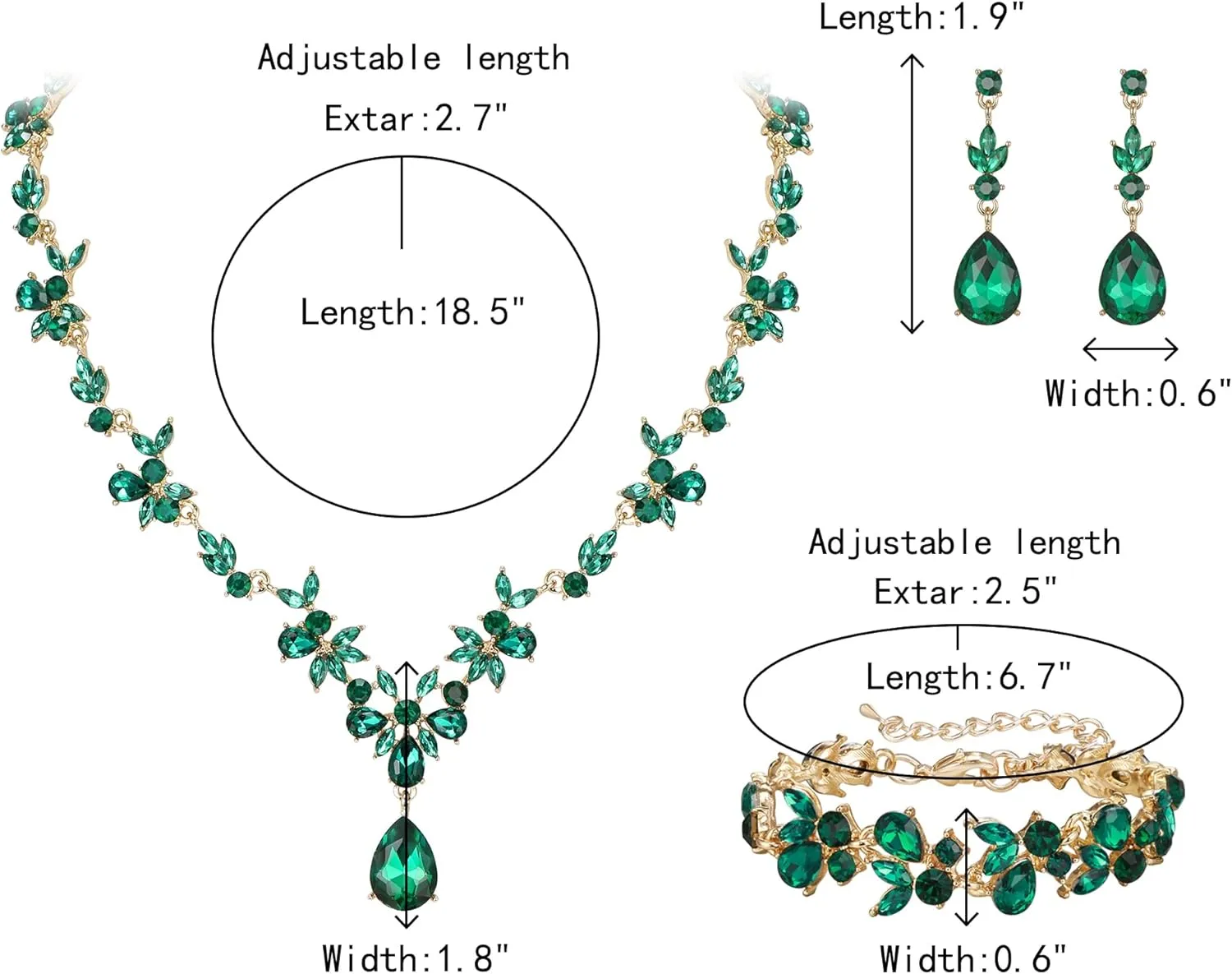 Crysdue Wedding Jewelry Set for Women Bride Bridesmaid, Stunning Marquise Rhinestone Crystal Floral Leaf Vine Pendant Necklace Dangle Earrings Bracelet for Prom Party
