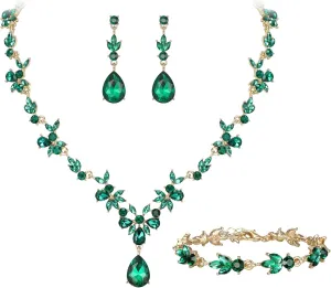 Crysdue Wedding Jewelry Set for Women Bride Bridesmaid, Stunning Marquise Rhinestone Crystal Floral Leaf Vine Pendant Necklace Dangle Earrings Bracelet for Prom Party