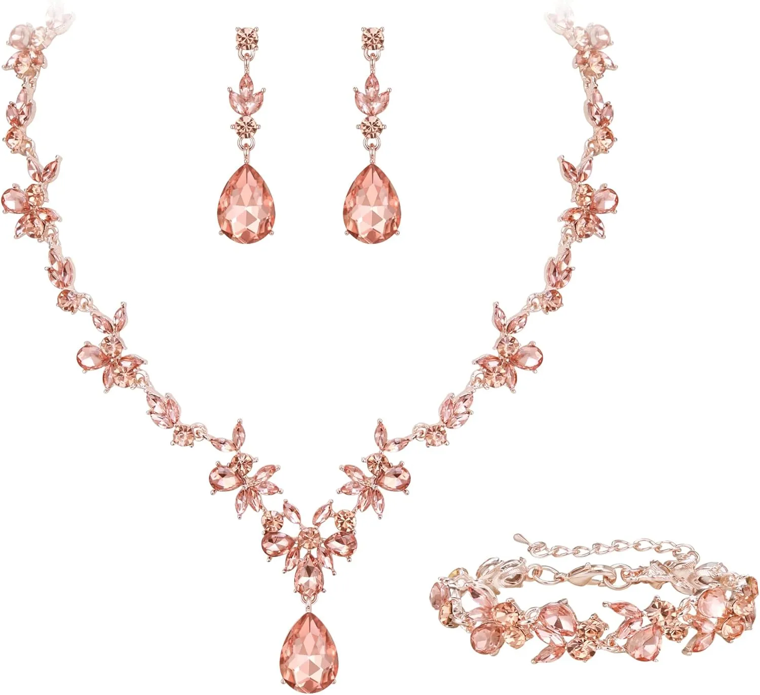 Crysdue Wedding Jewelry Set for Women Bride Bridesmaid, Stunning Marquise Rhinestone Crystal Floral Leaf Vine Pendant Necklace Dangle Earrings Bracelet for Prom Party