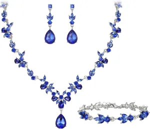 Crysdue Wedding Jewelry Set for Women Bride Bridesmaid, Stunning Marquise Rhinestone Crystal Floral Leaf Vine Pendant Necklace Dangle Earrings Bracelet for Prom Party