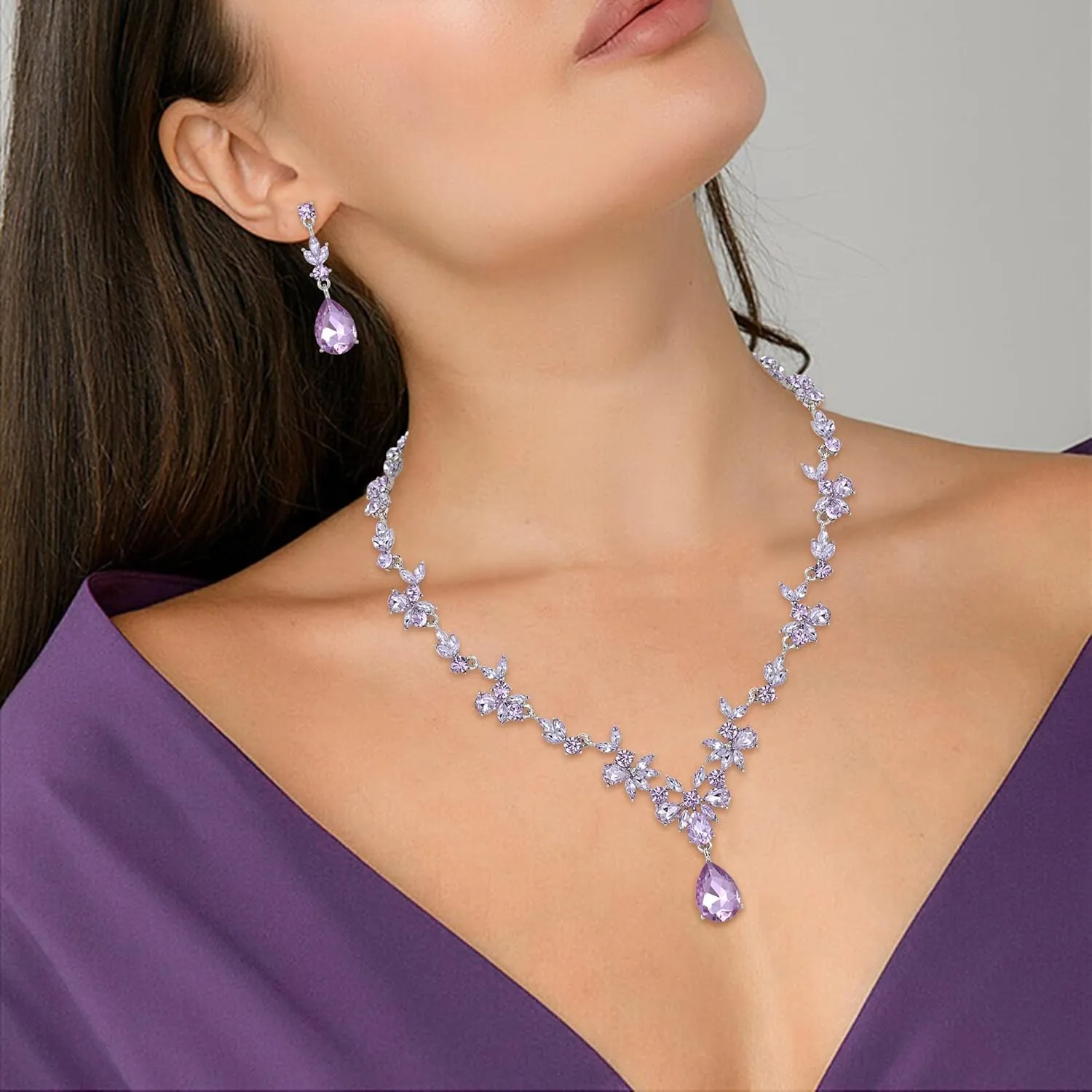Crysdue Wedding Jewelry Set for Women Bride Bridesmaid, Stunning Marquise Rhinestone Crystal Floral Leaf Vine Pendant Necklace Dangle Earrings Bracelet for Prom Party