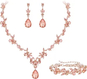 Crysdue Wedding Jewelry Set for Women Bride Bridesmaid, Stunning Marquise Rhinestone Crystal Floral Leaf Vine Pendant Necklace Dangle Earrings Bracelet for Prom Party