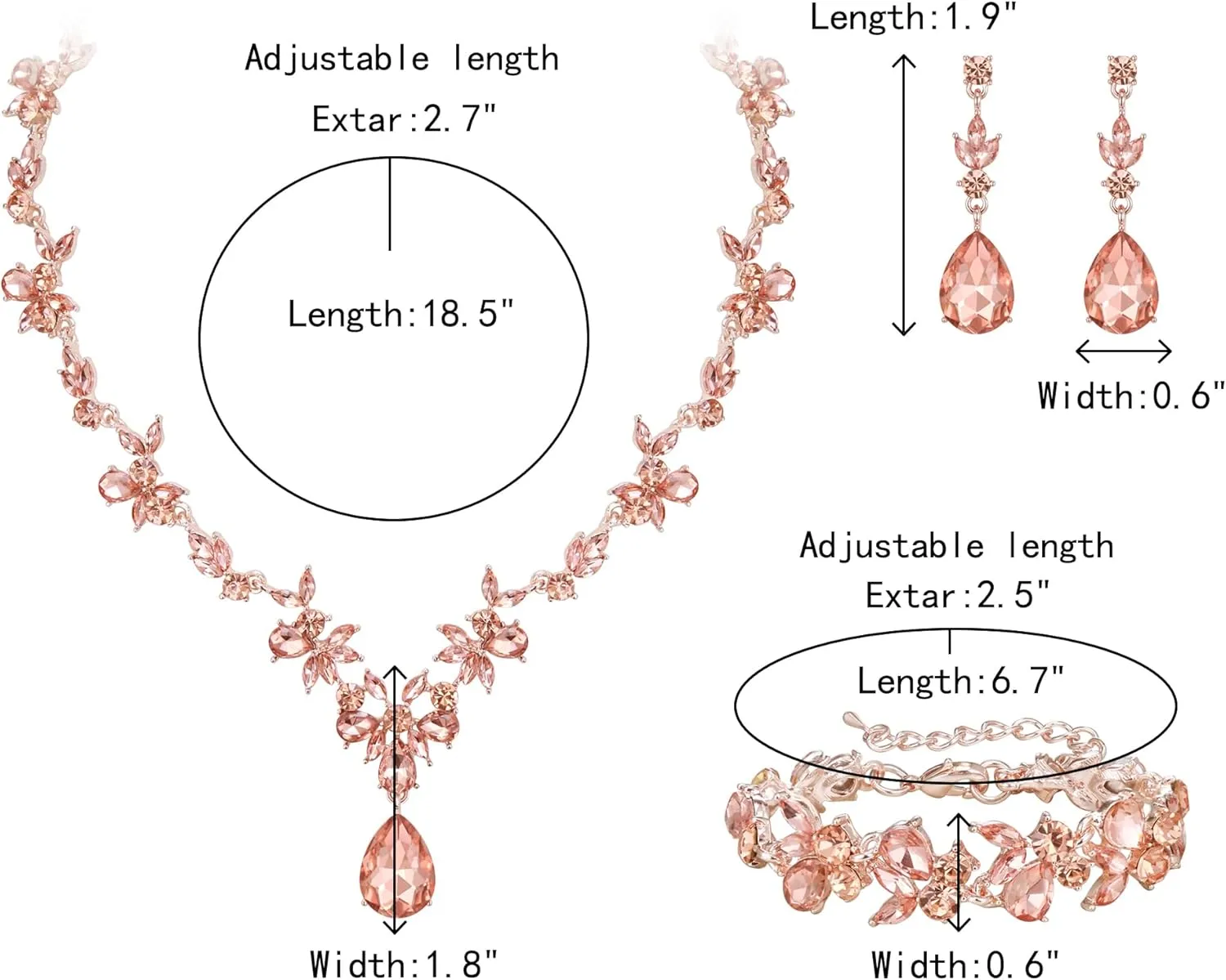 Crysdue Wedding Jewelry Set for Women Bride Bridesmaid, Stunning Marquise Rhinestone Crystal Floral Leaf Vine Pendant Necklace Dangle Earrings Bracelet for Prom Party