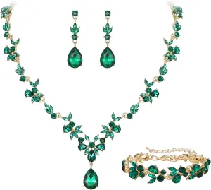Crysdue Wedding Jewelry Set for Women Bride Bridesmaid, Stunning Marquise Rhinestone Crystal Floral Leaf Vine Pendant Necklace Dangle Earrings Bracelet for Prom Party