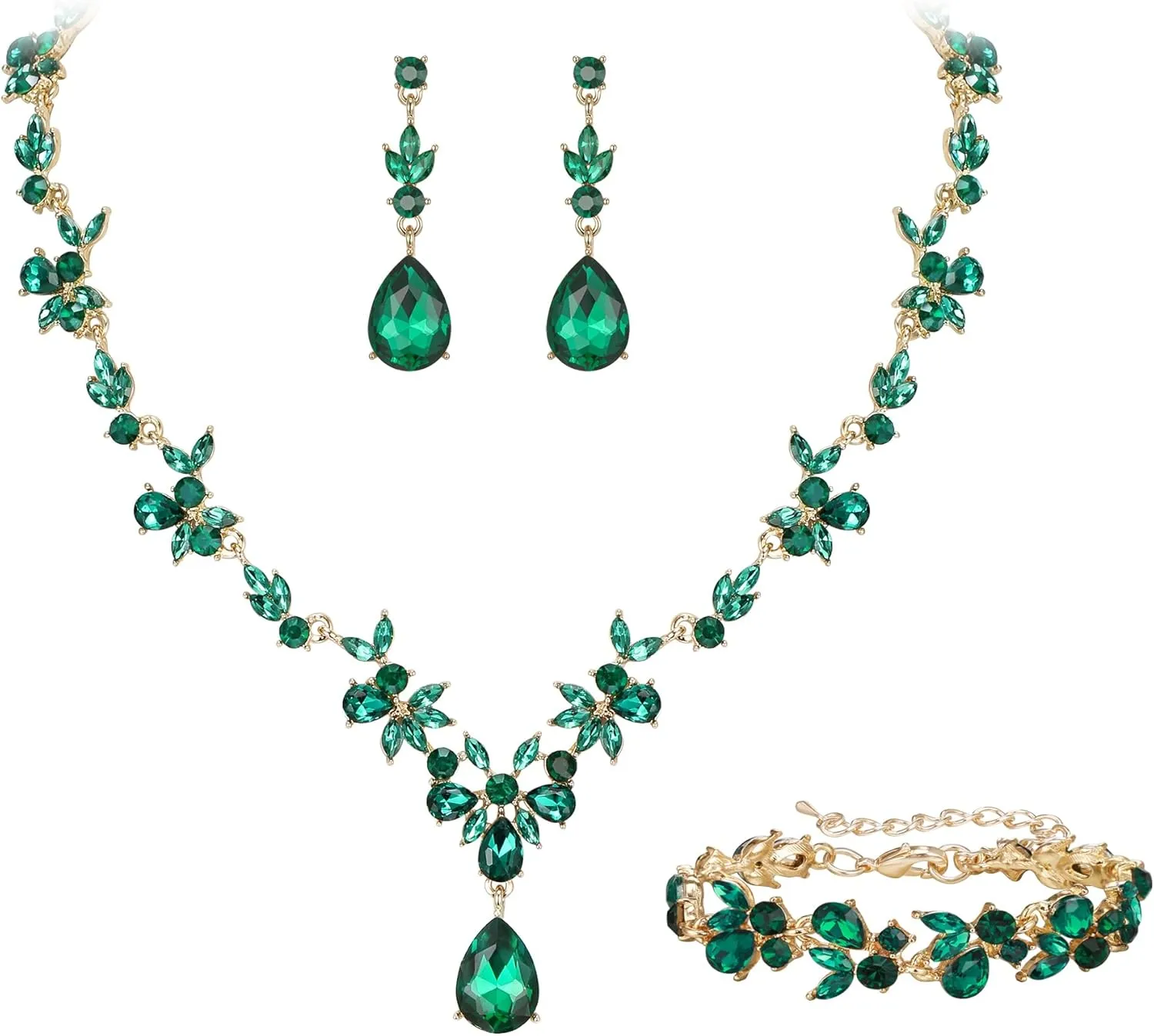 Crysdue Wedding Jewelry Set for Women Bride Bridesmaid, Stunning Marquise Rhinestone Crystal Floral Leaf Vine Pendant Necklace Dangle Earrings Bracelet for Prom Party