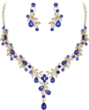 Crysdue Wedding Prom Jewelry Set for Women Bridal, Stunning Leaf Crystal Cluster Statement Necklace Dangle Earrings