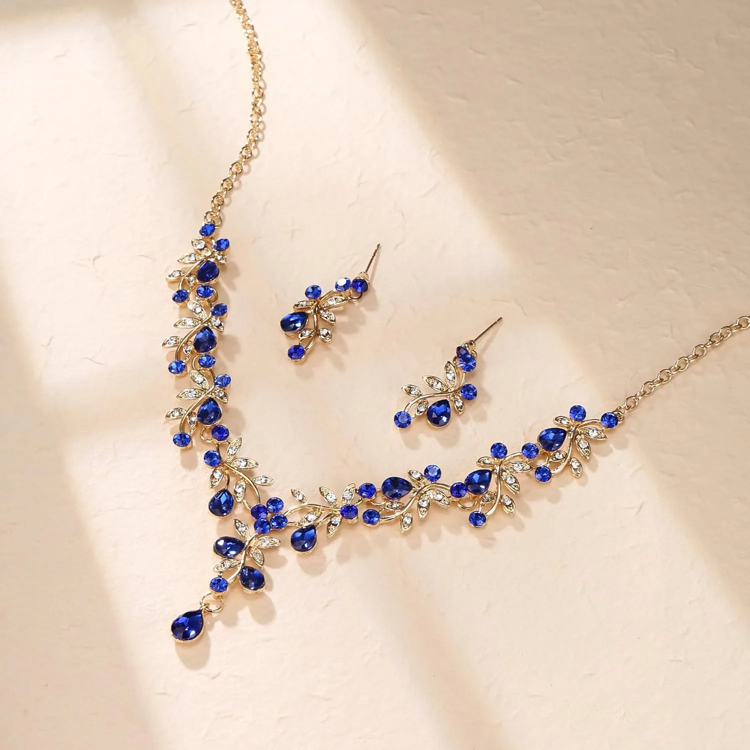 Crysdue Wedding Prom Jewelry Set for Women Bridal, Stunning Leaf Crystal Cluster Statement Necklace Dangle Earrings