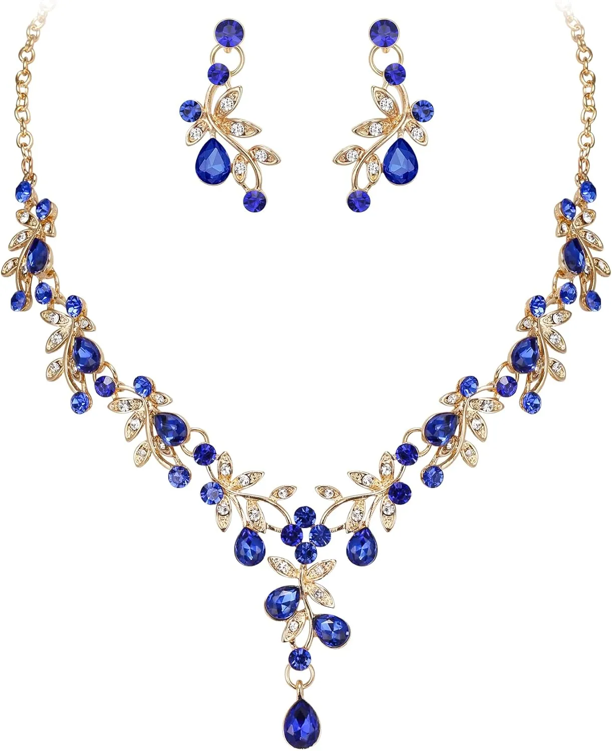 Crysdue Wedding Prom Jewelry Set for Women Bridal, Stunning Leaf Crystal Cluster Statement Necklace Dangle Earrings
