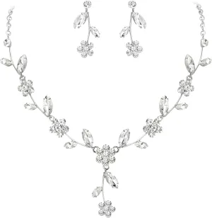 Crysdue Wedding Prom Jewelry Set for Women Bride, Stunning Crystal Silver Plated Flower Leaf Cluster Pendant Necklace Dangle Earrings for Party