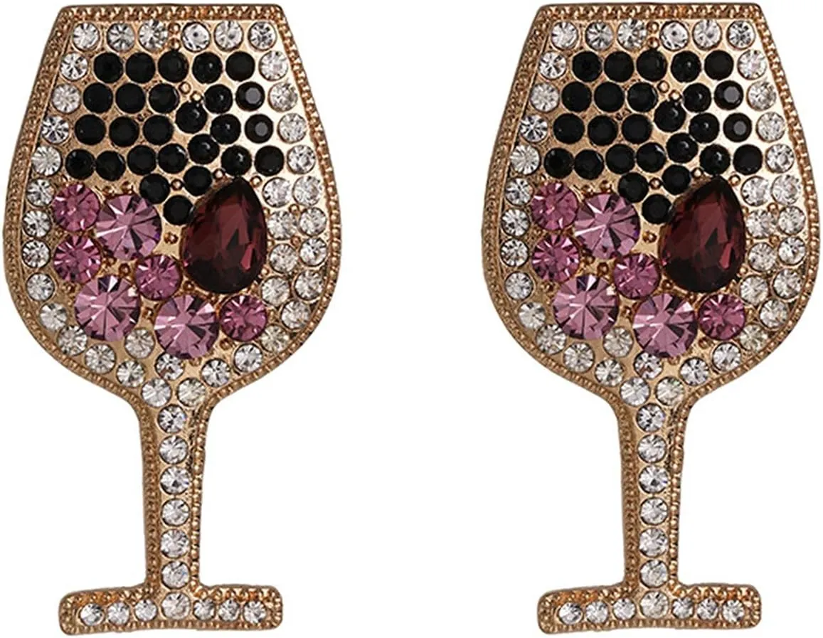 Crystal Wine Glass Dangle Earrings Shiny Rhinestones Pearl Beaded Cup Drop Earrings Fruit Juice Cup Earrings Glass Charming Cocktail Summer Beach Jewelry for Women-purple
