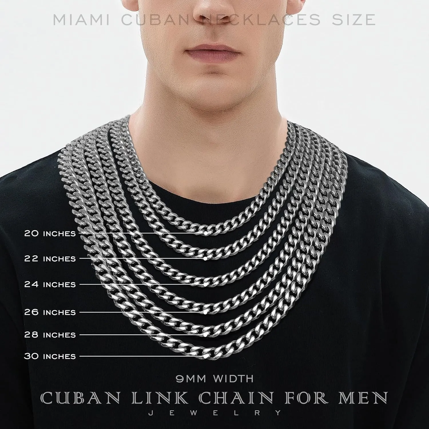 Cuban Link Chain for Men 9MM Silver Chain Necklace 316l Stainless Steel 925 Sterling Silver Filled