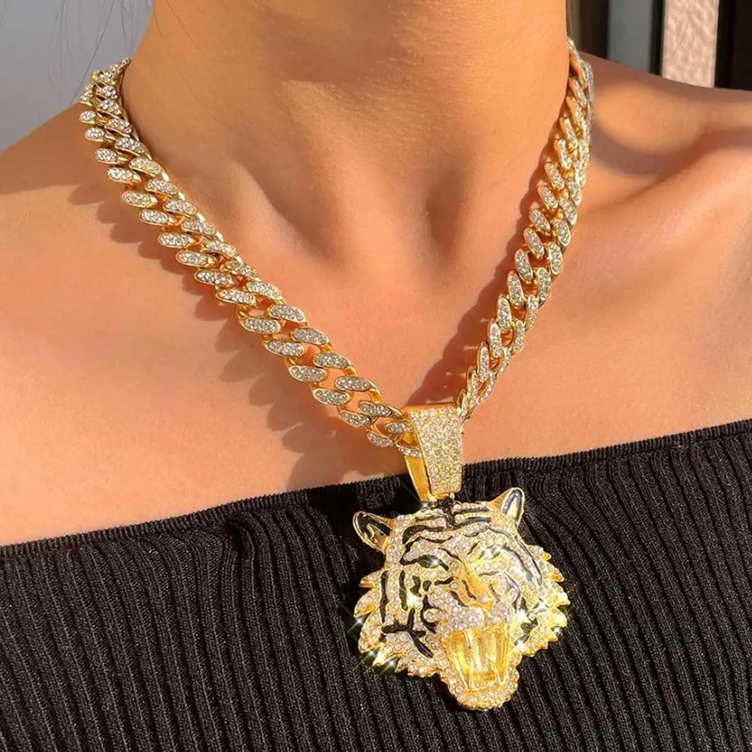 Cuban Pendant Necklace, Miami Ice Out Chain Necklace, Animal Pendant Hip-Hop Jewelry for Men Women, 20inch