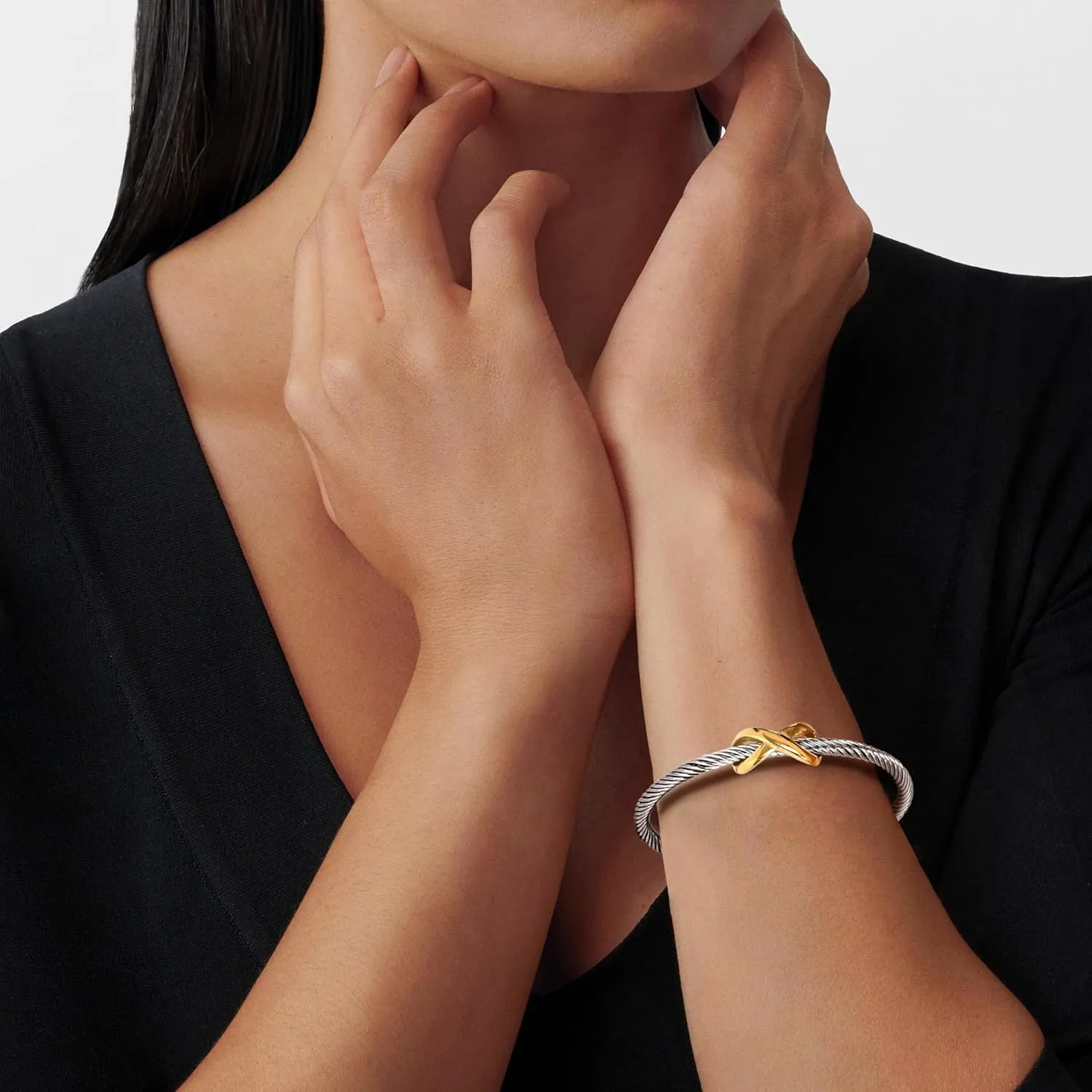 Cuff Bangle Bracelet, Stainless Steel Twisted Cable Wire Bangle Bracelet, Two Tone Vintage Bracelets for Women, Jewelry Gifts