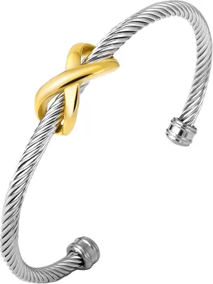 Cuff Bangle Bracelet, Stainless Steel Twisted Cable Wire Bangle Bracelet, Two Tone Vintage Bracelets for Women, Jewelry Gifts