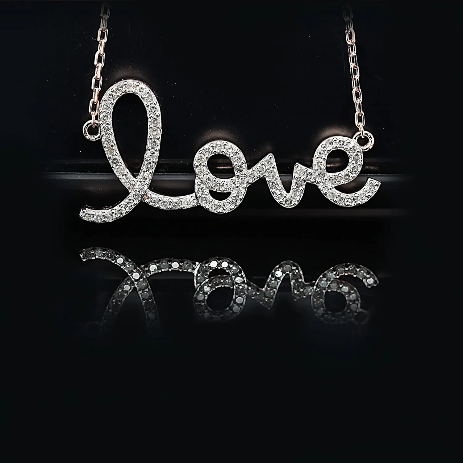 Cursive Love Necklace Pendants for Women - 14K Gold Plated Love Heart Charm Script Natural Diamond Pendant Necklace 18 Inch Chain Necklace (0.31 Carat, I-J Color, I2 Clarity)