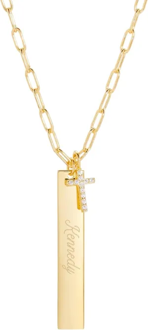 Custom Engraved Gold Tone Vertical Name Bar Necklace with Cross Charm (18" long paperclip chain) - Personalized Necklace for Her - Gift for Her - Gifts for Mom