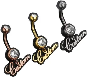 Custom Name Belly Button Ring, Personalized Women's Double Clear Gemstone Belly Button Nail with Name Pendant Charming Zircon Body Piercing Jewelry